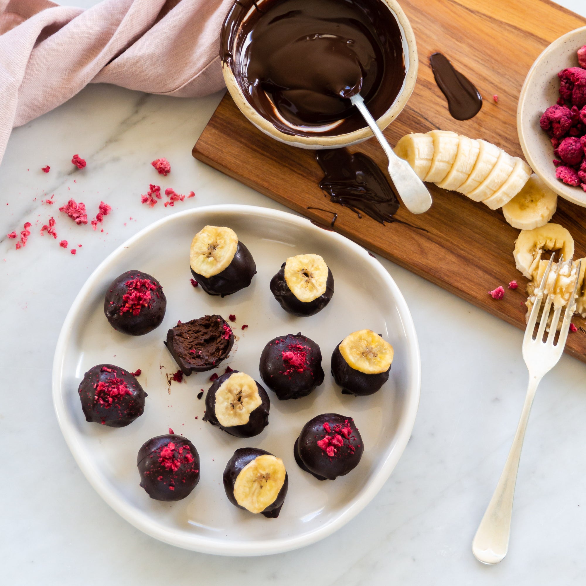 Dark Chocolate Banana Raspberry Truffles