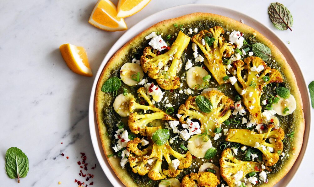 Indian Spiced Cauliflower Pizza w/ Banana, Goat Cheese and Zesty Coriander Pesto